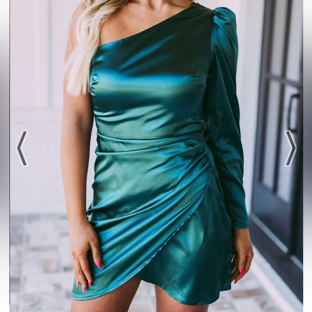These Three Boutique Green Satin Dress | One shoulder satin dress - Picture 10 of 10